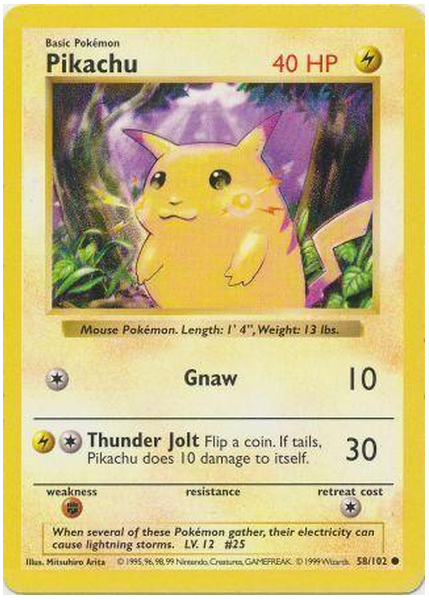 1999 Pokemon Base Set Pikachu Yellow Cheeks-Shadowless 58