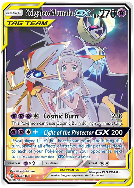 2019 Pokemon Sun & Moon Cosmic Eclipse Full Art/Solgaleo & Lunala GX Base 216